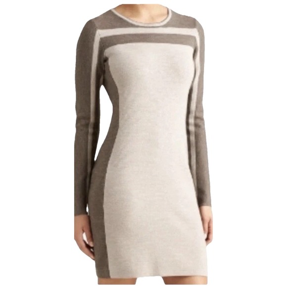 Athleta Dresses & Skirts - ATHLETA Small Boreal Colorblock Sweater Dress Tan Wool Blend Heavy Long Sleeves